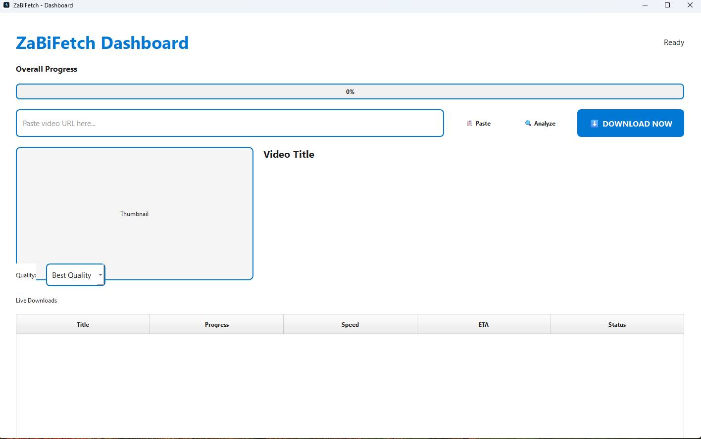 ZaBiFetch video downloader dashboard showing overall progress and live downloads